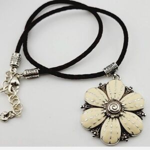 BRIGHTON Retired Rare Cream Enamel Flower Pendant Braided Leather Necklace